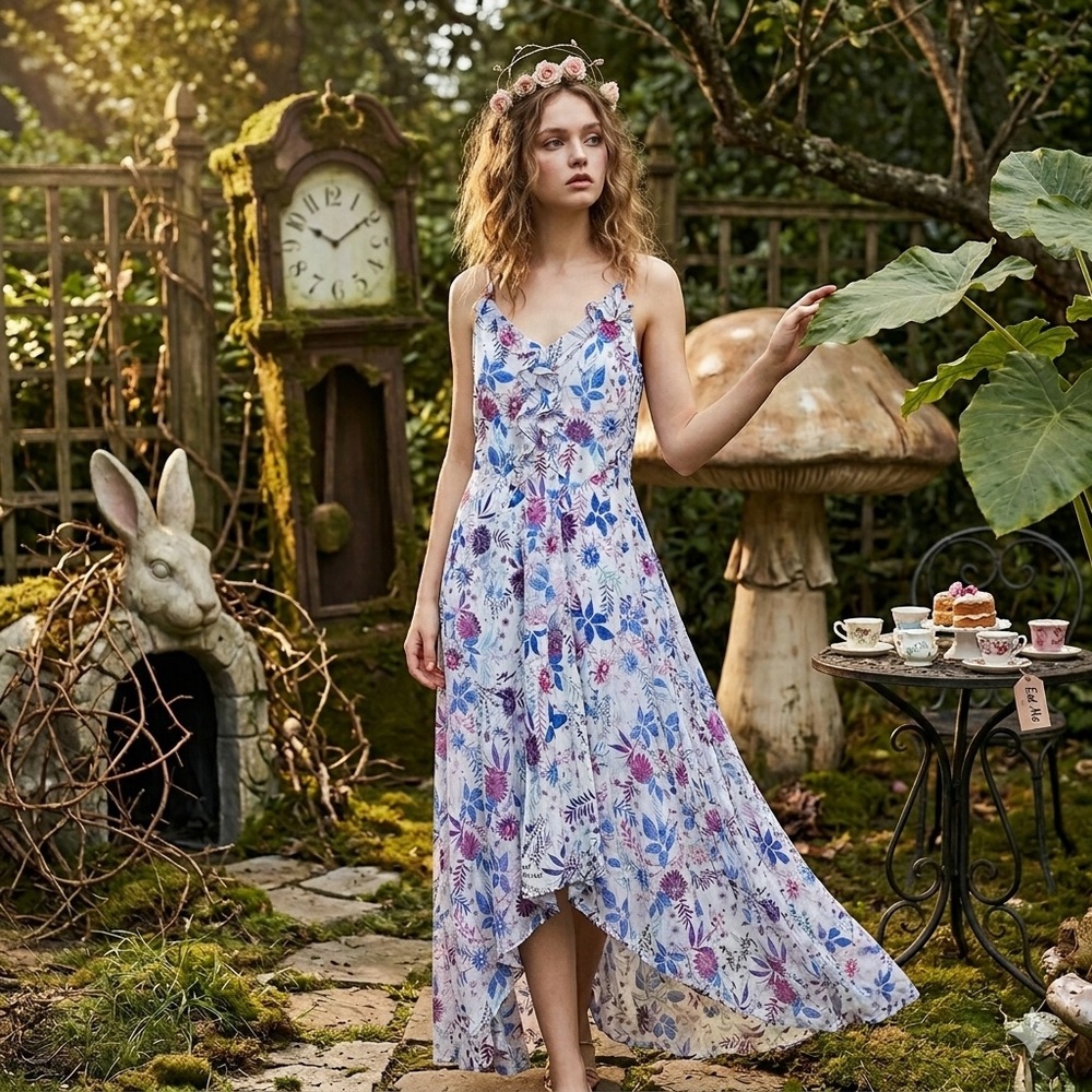 |EUC| DISNEY Alice Through The Looking Glass Designer Floral Ruffle Maxi Dress